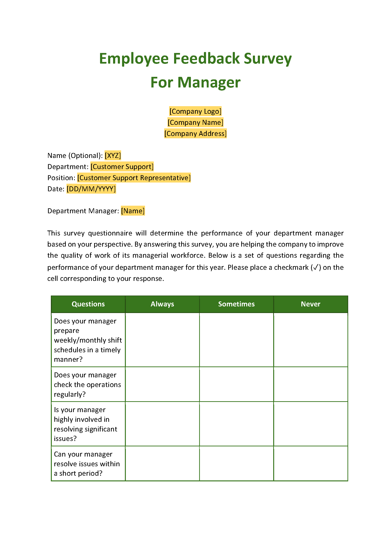 Employee Feedback Survey for Manager Template A4